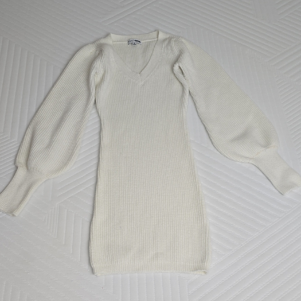Women's Fashion Nova White V-Neck Sweater Dress